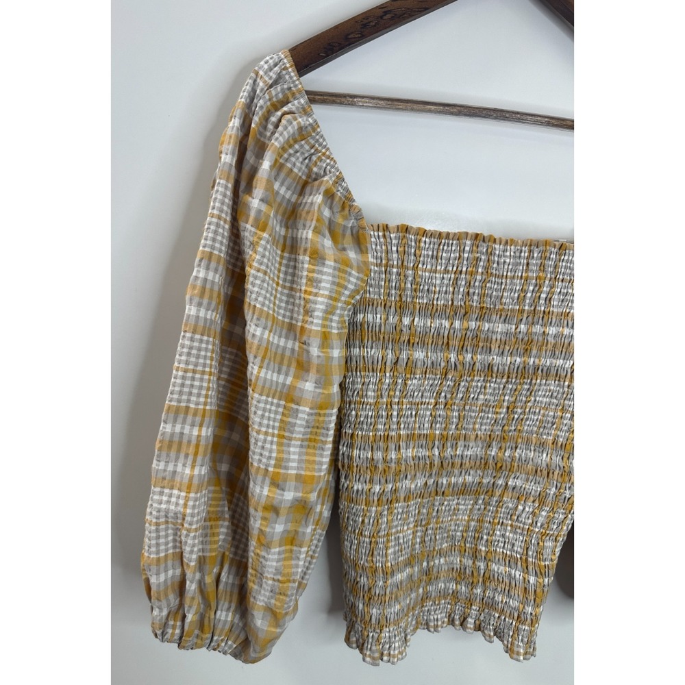 Maeve Anthropologie Gingham Plaid Smocked Puff Sleeve Ruffle Top XS Square Neck - Picture 3 of 13